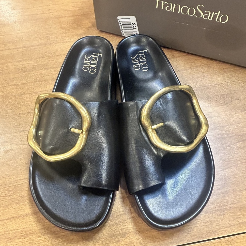 Franco Sarto Sandals Womens Size 9 Black BRIANKA Leather Thong Gold Big Buckle